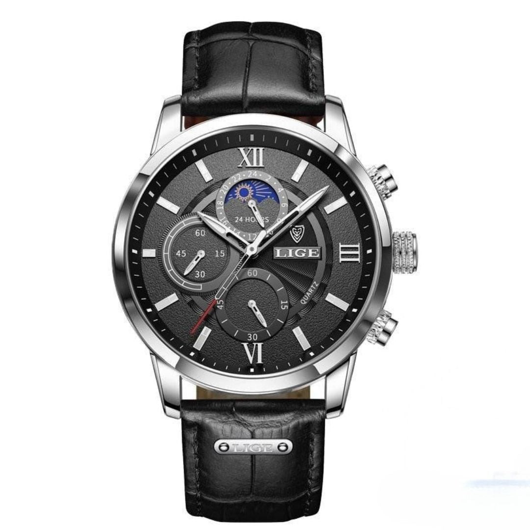 Men’s Stainless Steel Leather Strap Watch with Date