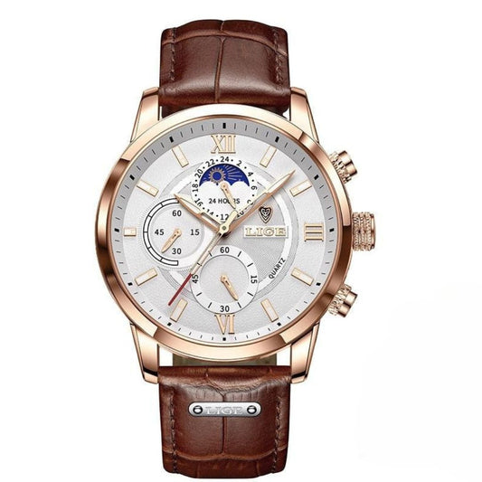 Men’s Stainless Steel Leather Strap Watch with Date
