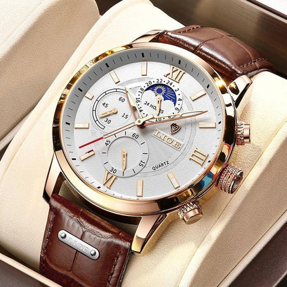 Men’s Stainless Steel Leather Strap Watch with Date