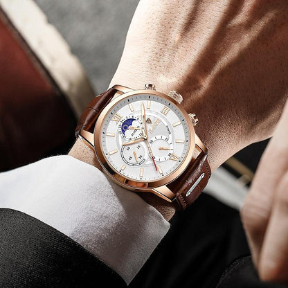 Men’s Stainless Steel Leather Strap Watch with Date