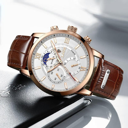 Men’s Stainless Steel Leather Strap Watch with Date