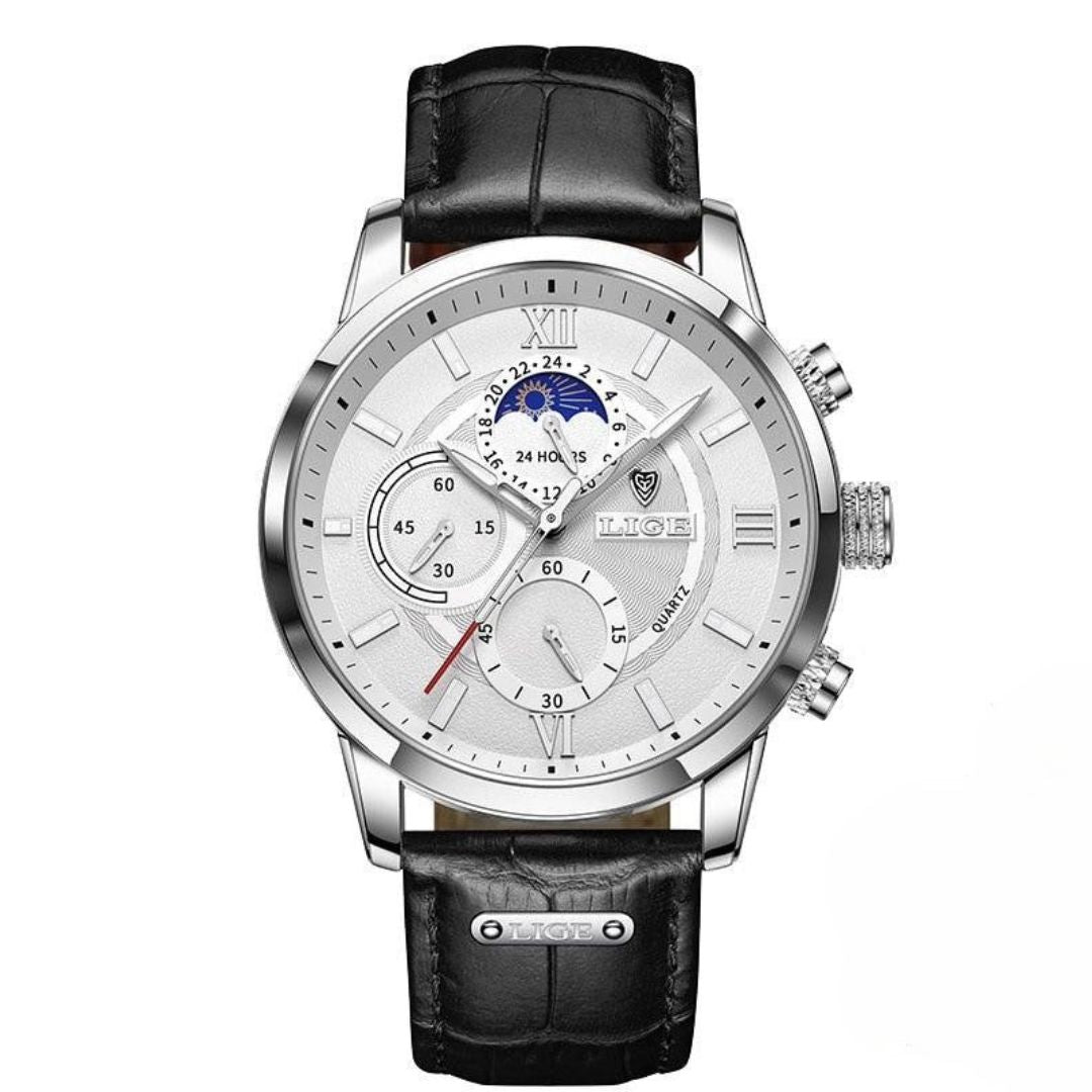 Men’s Stainless Steel Leather Strap Watch with Date