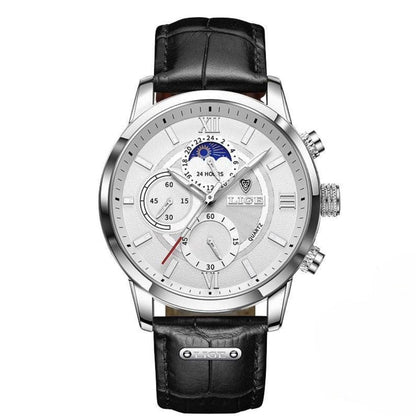 Men’s Stainless Steel Leather Strap Watch with Date