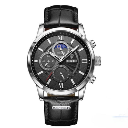 Men’s Stainless Steel Leather Strap Watch with Date