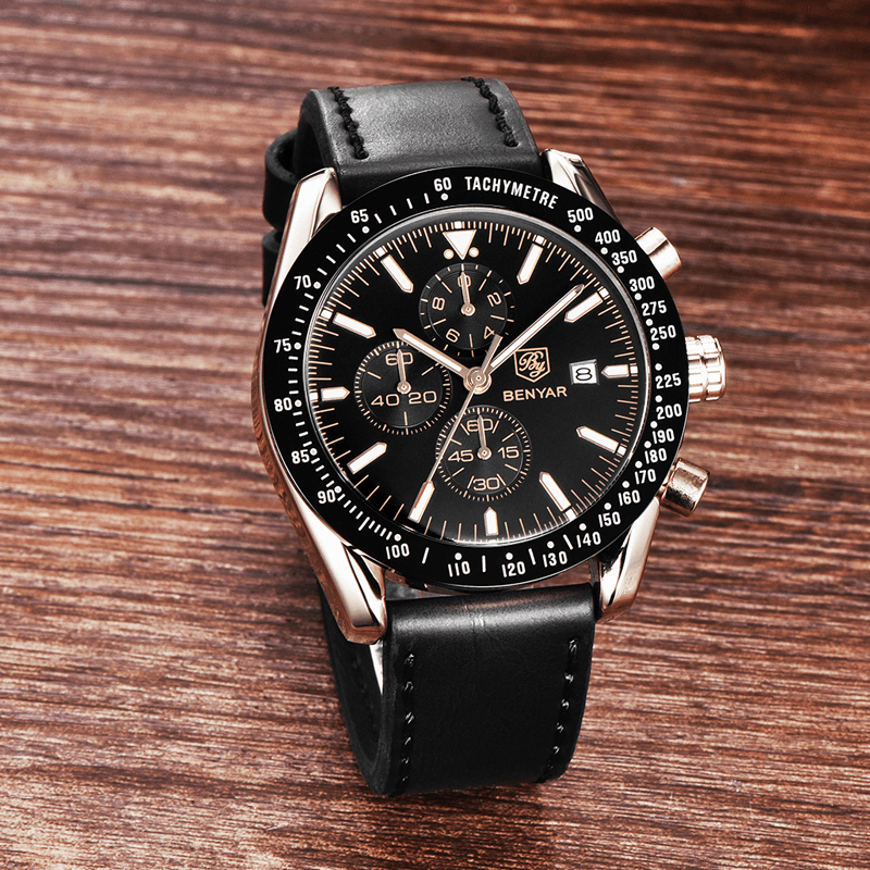 Men’s Waterproof Quartz Watch with Leather Strap